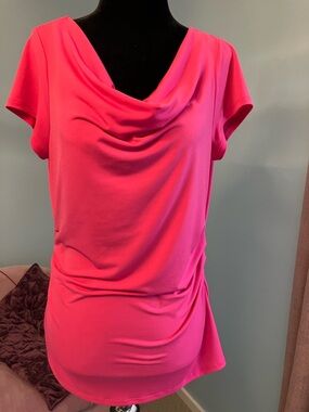 New York & Company Draped Neck Short Sleeve Top - Hot Pink